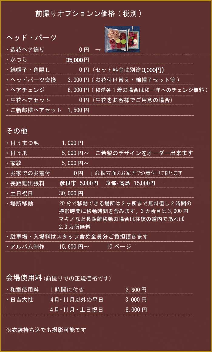 滋賀前撮りのオプション価格